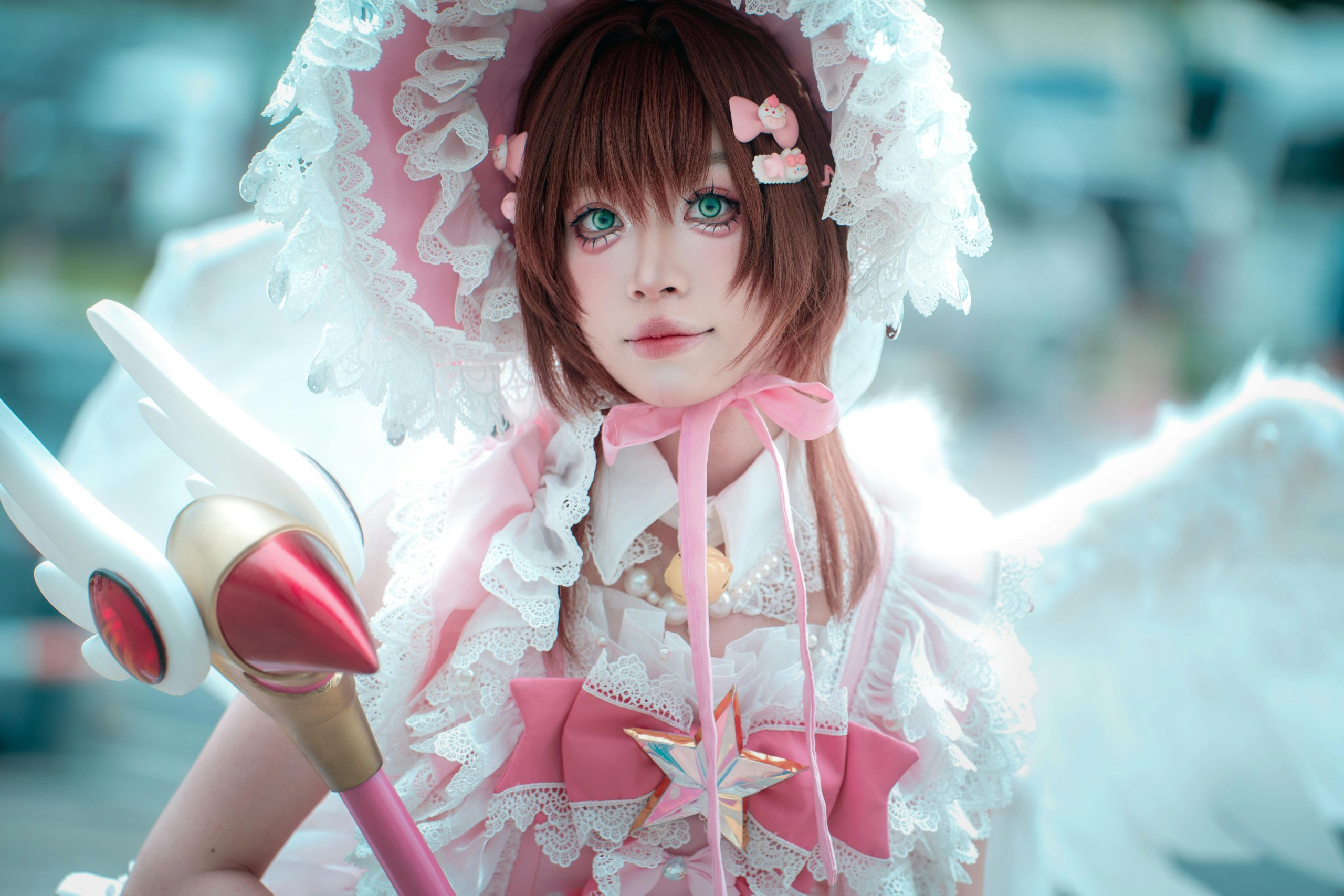 Enchanting fantasy cosplay costume with detailed lace and pastel colors in bright daylight.